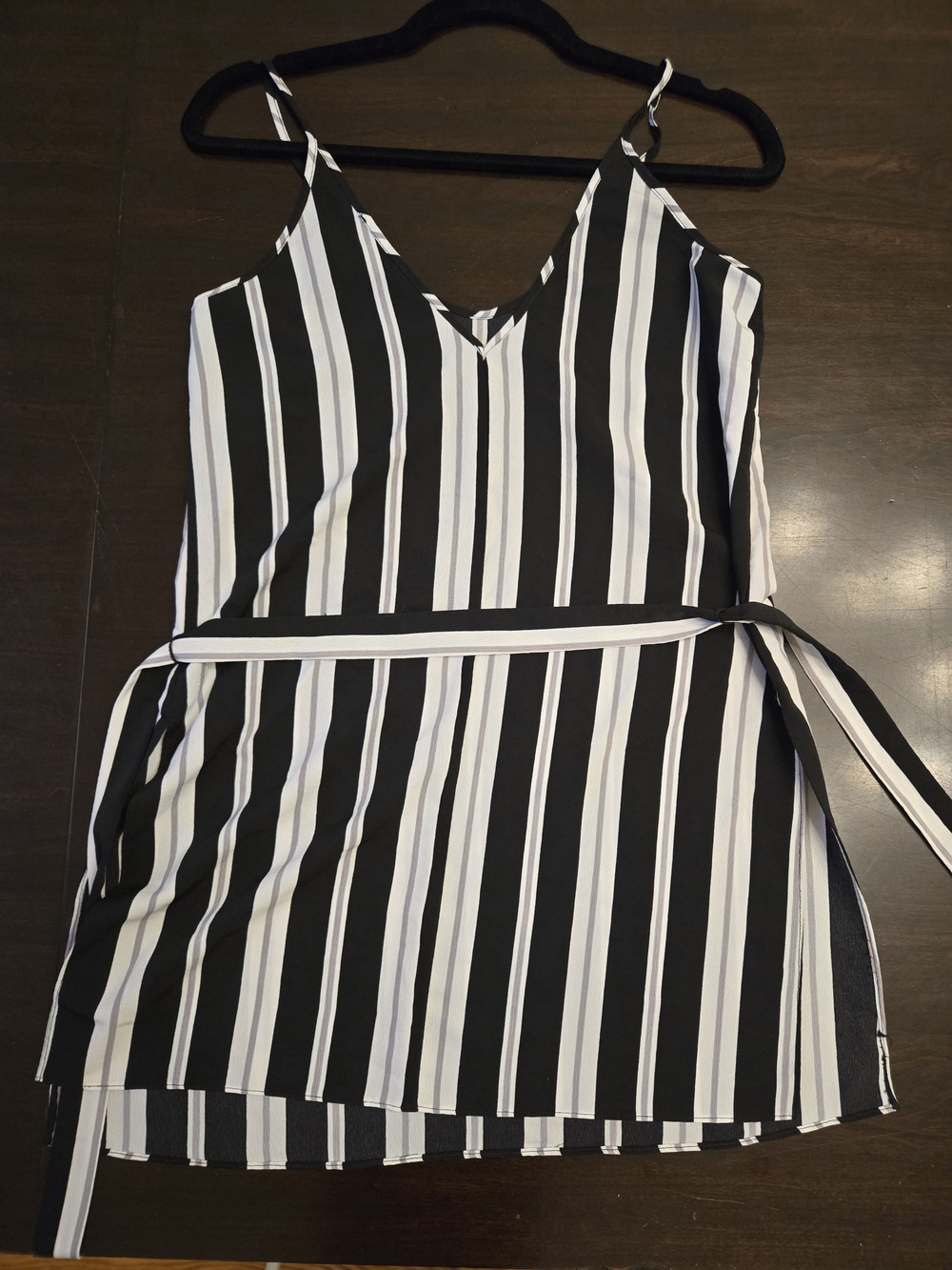 Forever 21 Black and White Vertical-Stripe Spaghetti Strap Tunic with Waist Tie
